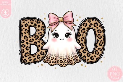 Halloween Boo Cute Ghost PNG Leopard Bow Spooky Sublimation Design