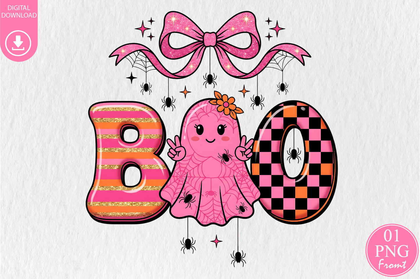 Cute Pink Halloween Boo Ghost PNG Spooky Bow Spider Sublimation Design