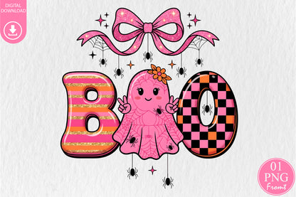 Cute Pink Halloween Boo Ghost PNG Spooky Bow Spider Sublimation Design