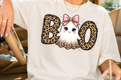 Halloween Boo Cute Ghost PNG Leopard Bow Spooky Sublimation Design