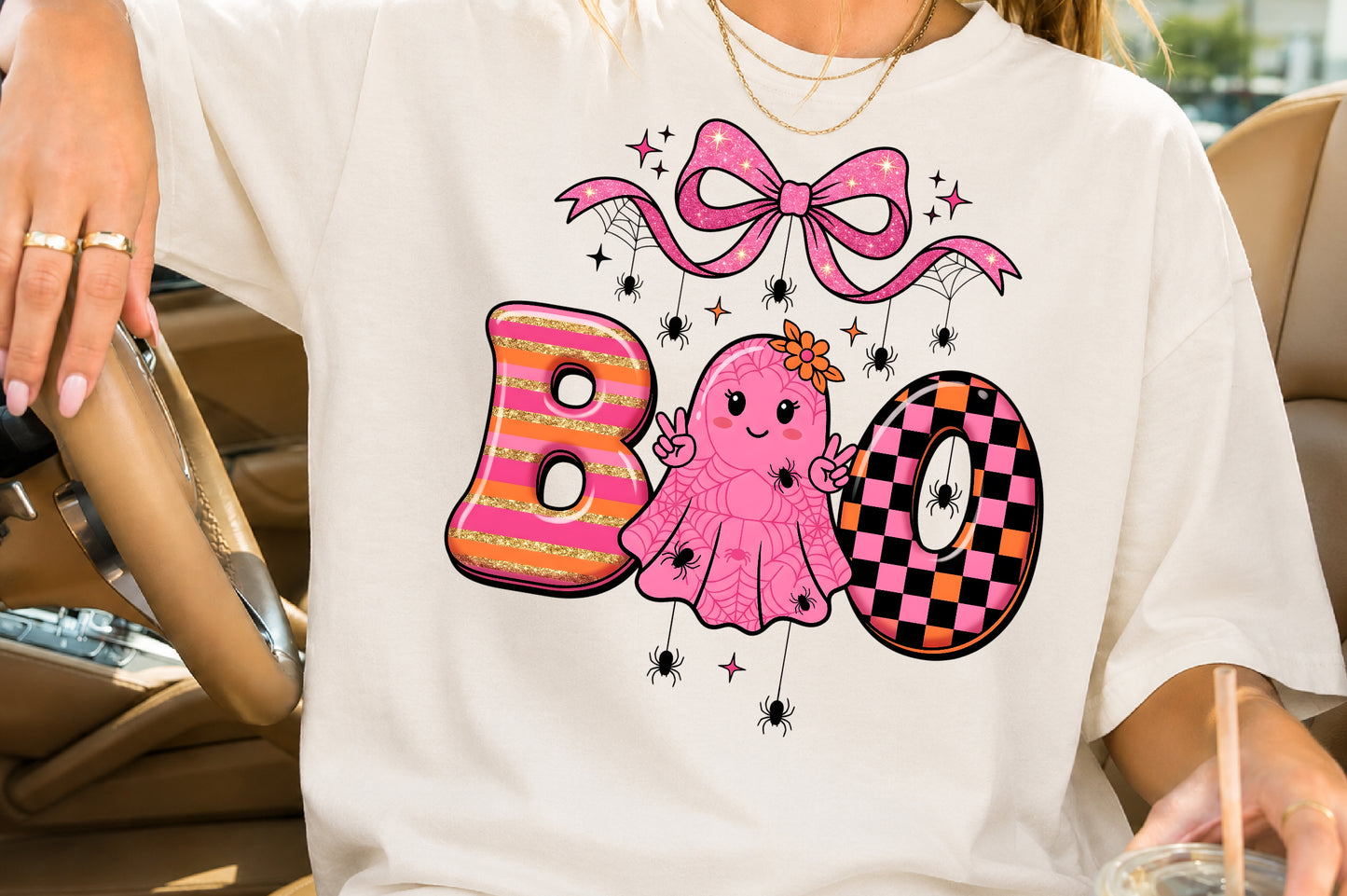 Cute Pink Halloween Boo Ghost PNG Spooky Bow Spider Sublimation Design