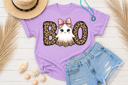 Halloween Boo Cute Ghost PNG Leopard Bow Spooky Sublimation Design