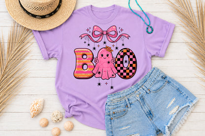 Cute Pink Halloween Boo Ghost PNG Spooky Bow Spider Sublimation Design