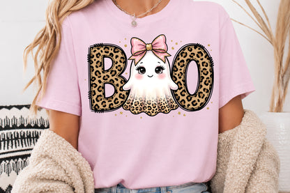 Halloween Boo Cute Ghost PNG Leopard Bow Spooky Sublimation Design