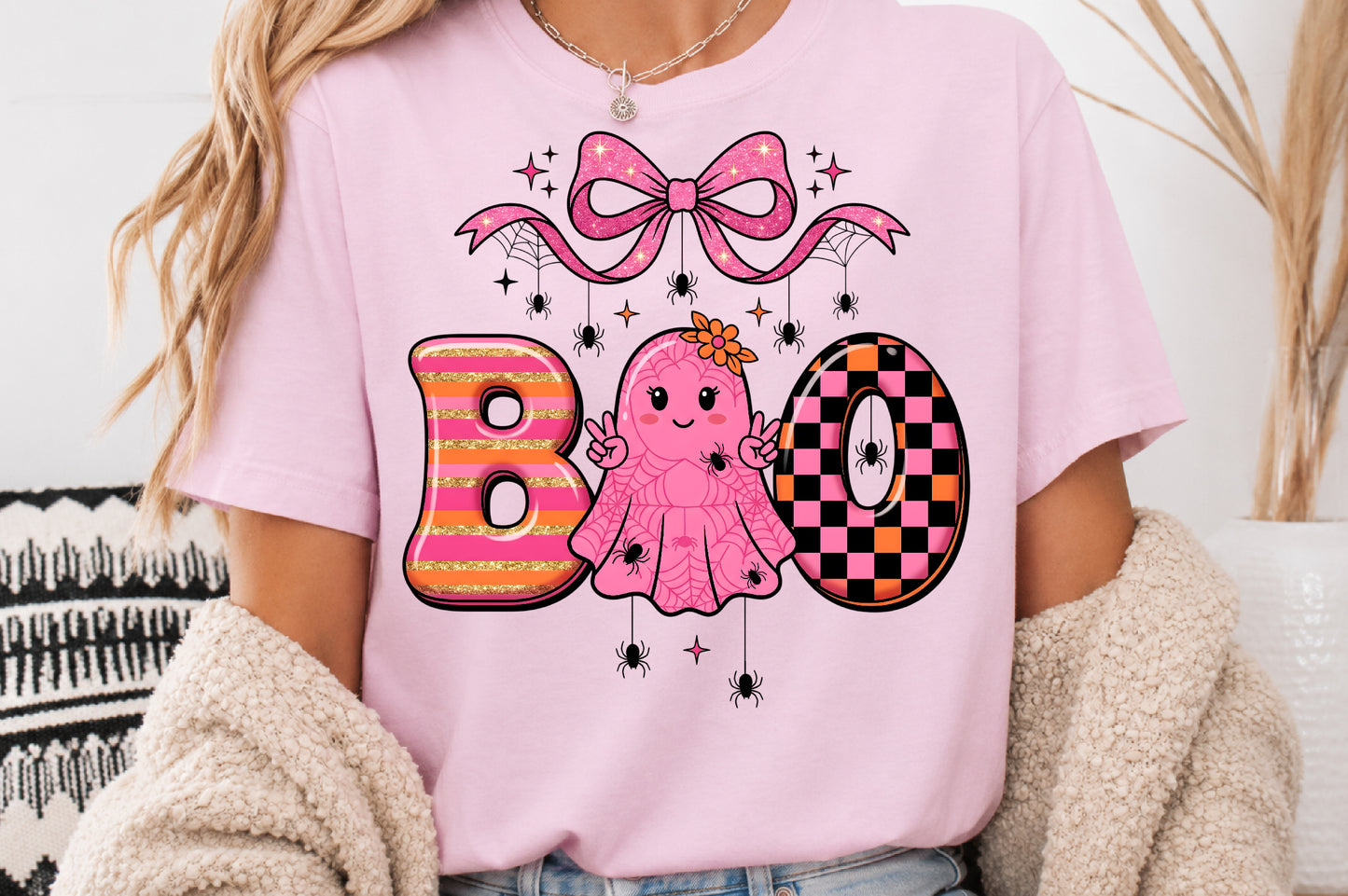 Cute Pink Halloween Boo Ghost PNG Spooky Bow Spider Sublimation Design