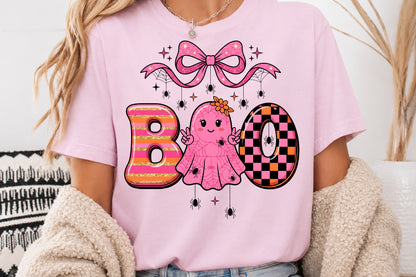Cute Pink Halloween Boo Ghost PNG Spooky Bow Spider Sublimation Design