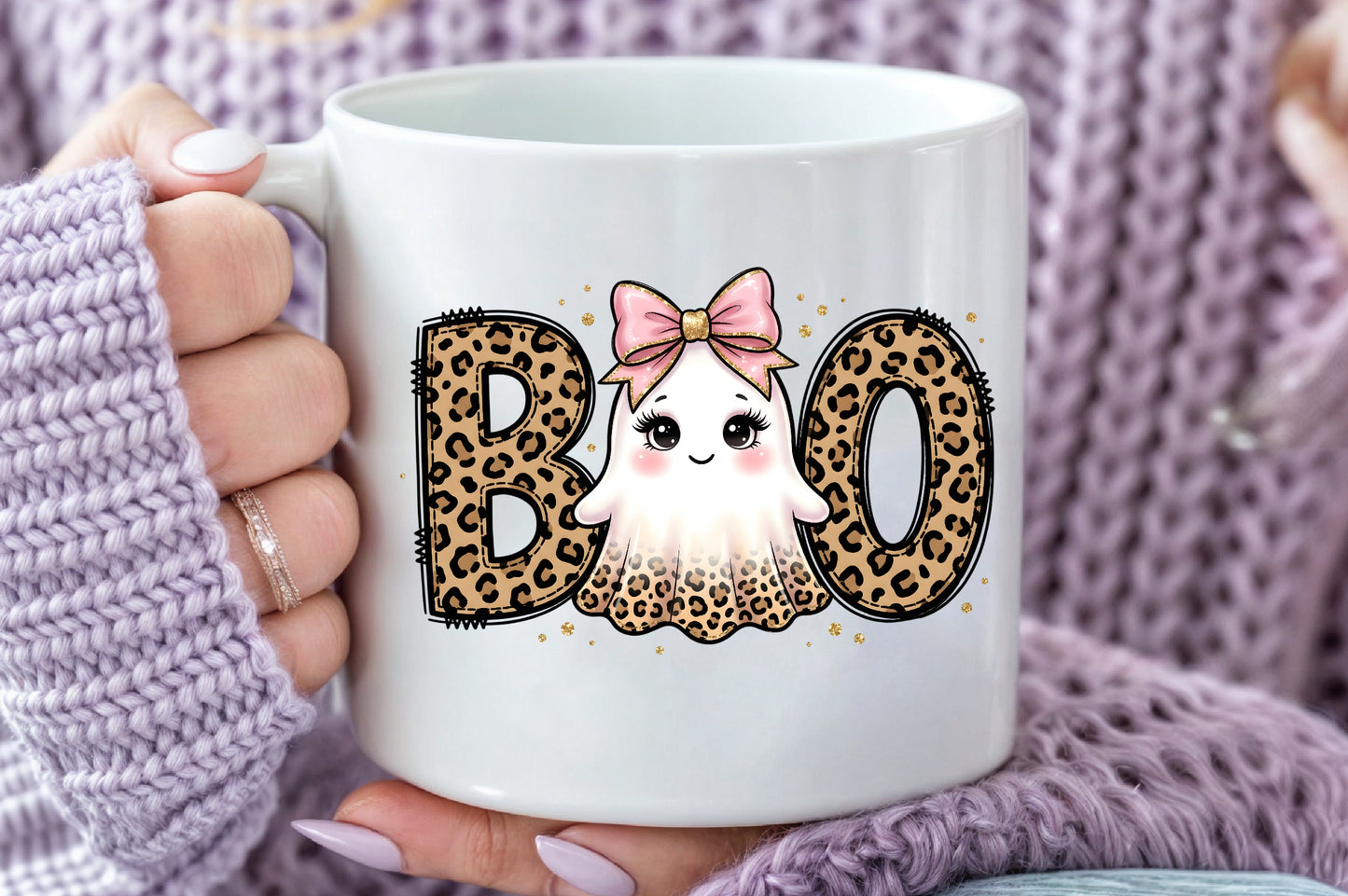 Halloween Boo Cute Ghost PNG Leopard Bow Spooky Sublimation Design