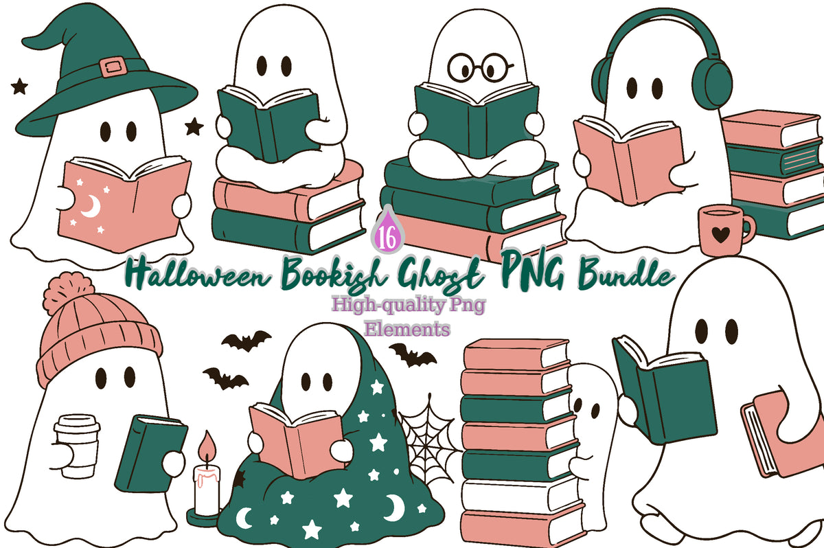 Halloween Bookish Ghost PNG Bundle 16 Designs