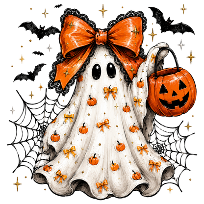 Halloween Bow Ghost PNG | Cute Pumpkin Ghost Orange Bow Spider Web Bat Clipart | Spooky Sublimation Design