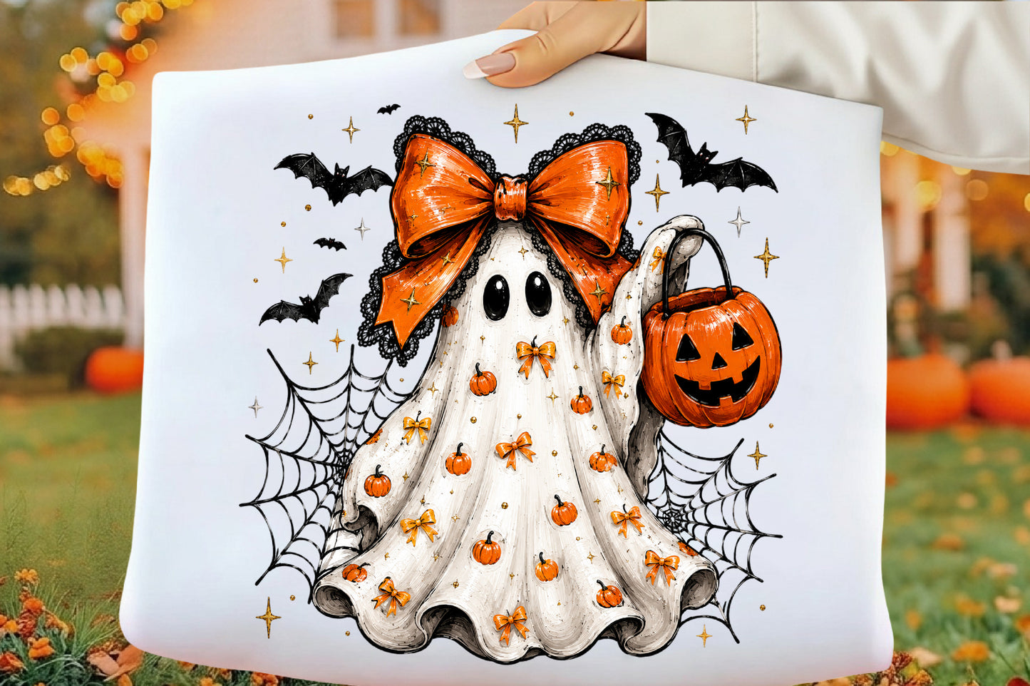 Halloween Bow Ghost PNG | Cute Pumpkin Ghost Orange Bow Spider Web Bat Clipart | Spooky Sublimation Design