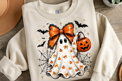 Halloween Bow Ghost PNG | Cute Pumpkin Ghost Orange Bow Spider Web Bat Clipart | Spooky Sublimation Design