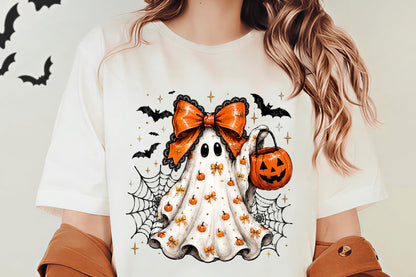 Halloween Bow Ghost PNG | Cute Pumpkin Ghost Orange Bow Spider Web Bat Clipart | Spooky Sublimation Design