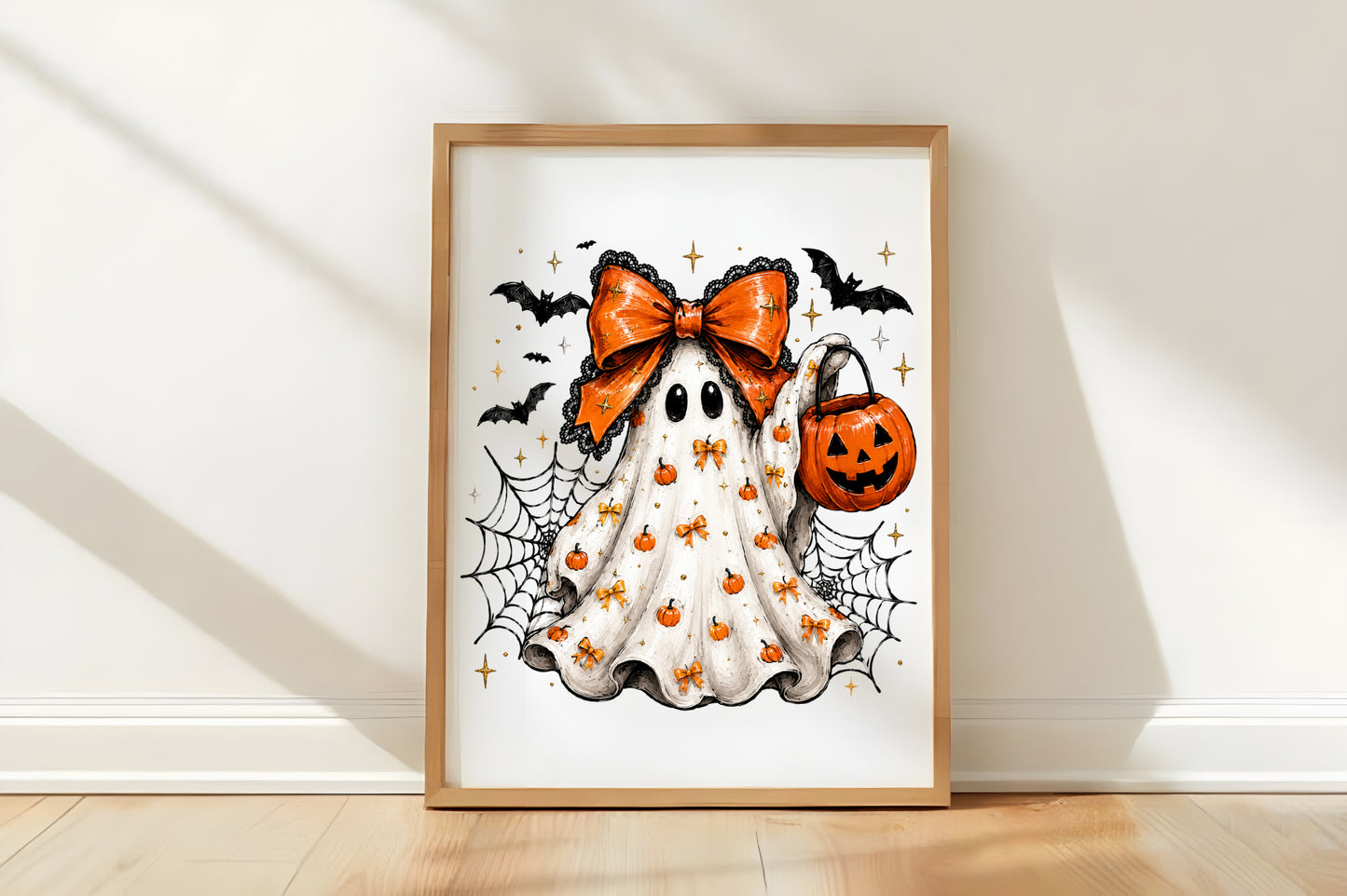 Halloween Bow Ghost PNG | Cute Pumpkin Ghost Orange Bow Spider Web Bat Clipart | Spooky Sublimation Design