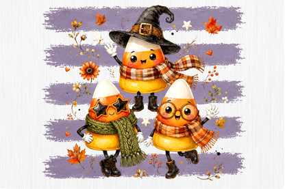 Cute Halloween Candy Corn Characters PNG Witch Fall Spooky Sublimation Design