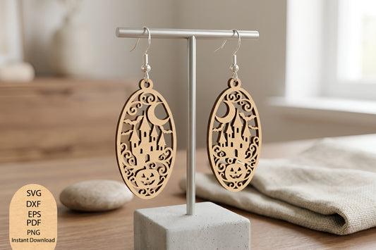Halloween Castle Moon Earrings Laser Cut SVG, Haunted Castle Earrings Cut File, Halloween Moon Jewelry SVG
