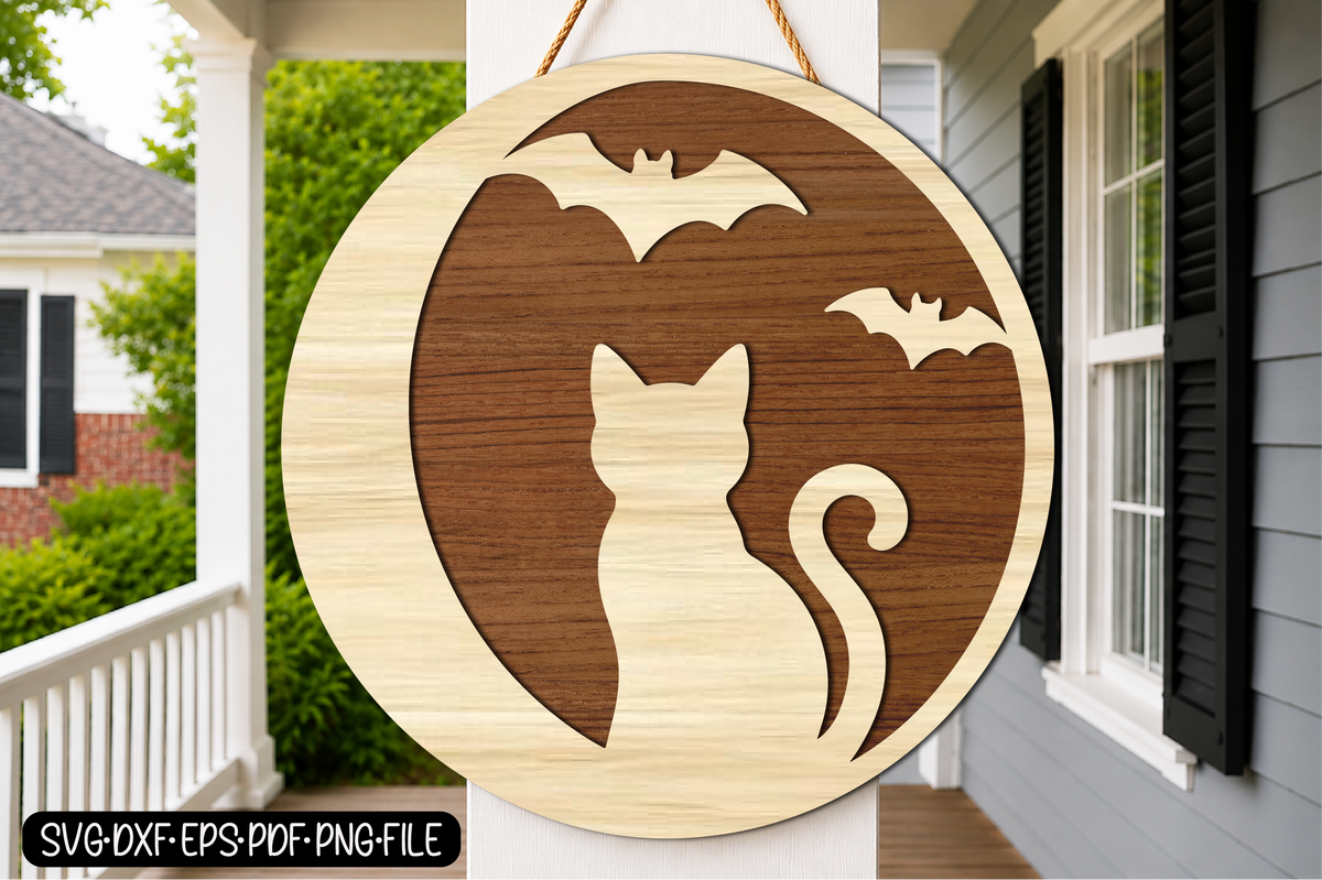 Halloween Cat Door Hanger SVG | Spooky Cat & Bat Laser Cut