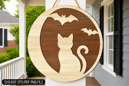 Halloween Cat Door Hanger SVG | Spooky Cat & Bat Laser Cut