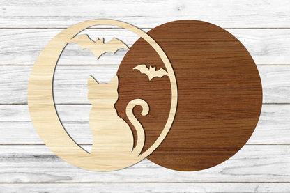 Halloween Cat Door Hanger SVG | Spooky Cat & Bat Laser Cut