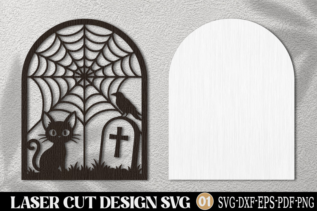 Halloween Cat Graveyard Laser Cut SVG | Spooky Cat Tombstone Spider Web Design
