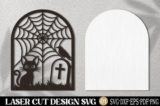 Halloween Cat Graveyard Laser Cut SVG | Spooky Cat Tombstone Spider Web Design