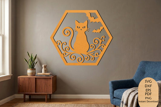 Halloween Cat Hexagon Laser Cut SVG, Spooky Cat Bat Wall Decor, Halloween Cut File