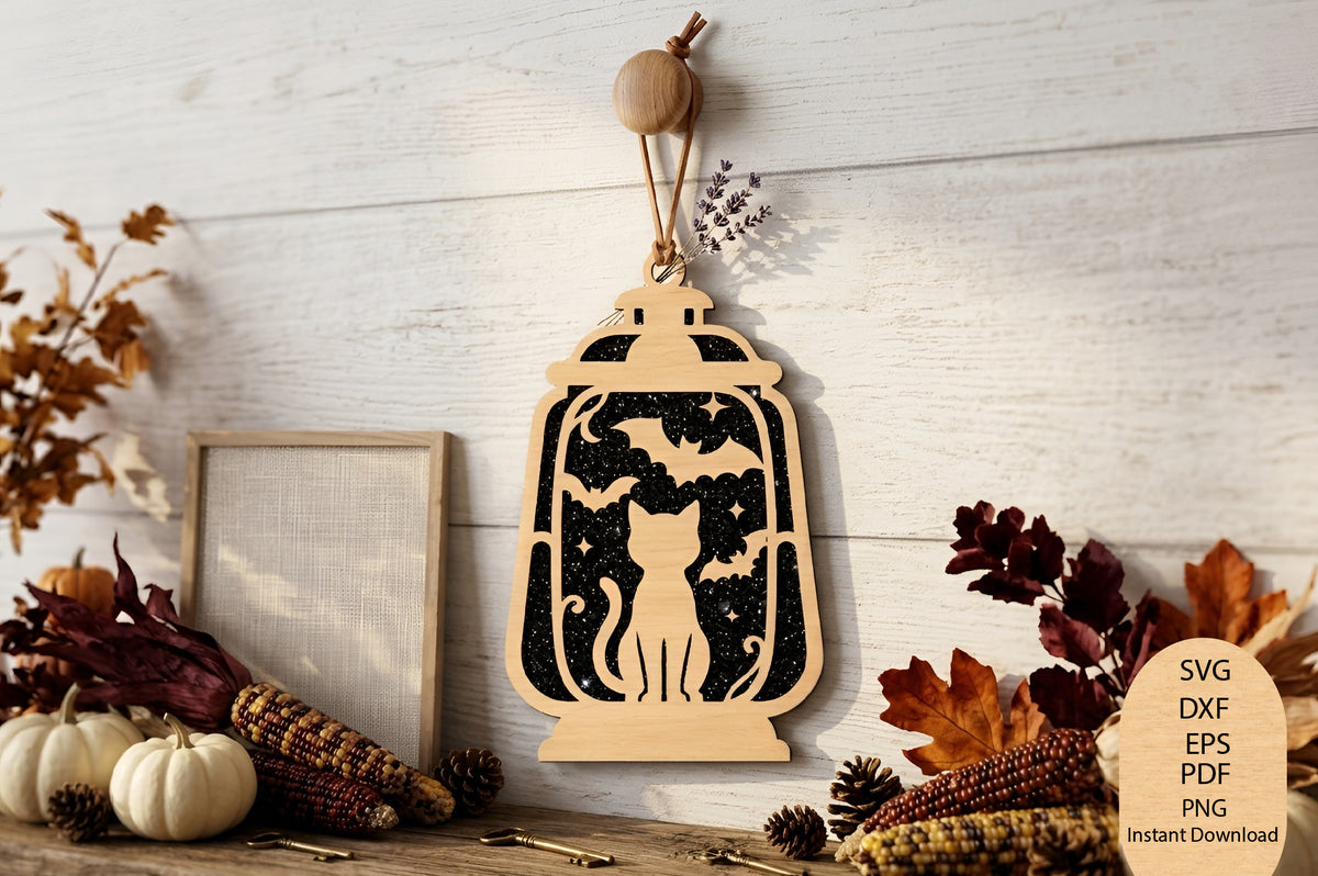 Halloween Cat Lantern Ornament Laser Cut SVG, Spooky Cat Lantern Cut File