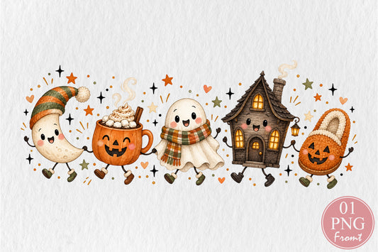 Cute Halloween Characters Doodle PNG Ghost Pumpkin Mug Witch Hat Haunted House Slipper Sublimation