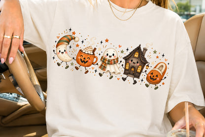 Cute Halloween Characters Doodle PNG Ghost Pumpkin Mug Witch Hat Haunted House Slipper Sublimation