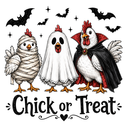 Halloween Chick or Treat PNG | Spooky Chicken Mummy Ghost Vampire Costume Bat Clipart | Funny Halloween Sublimation Design