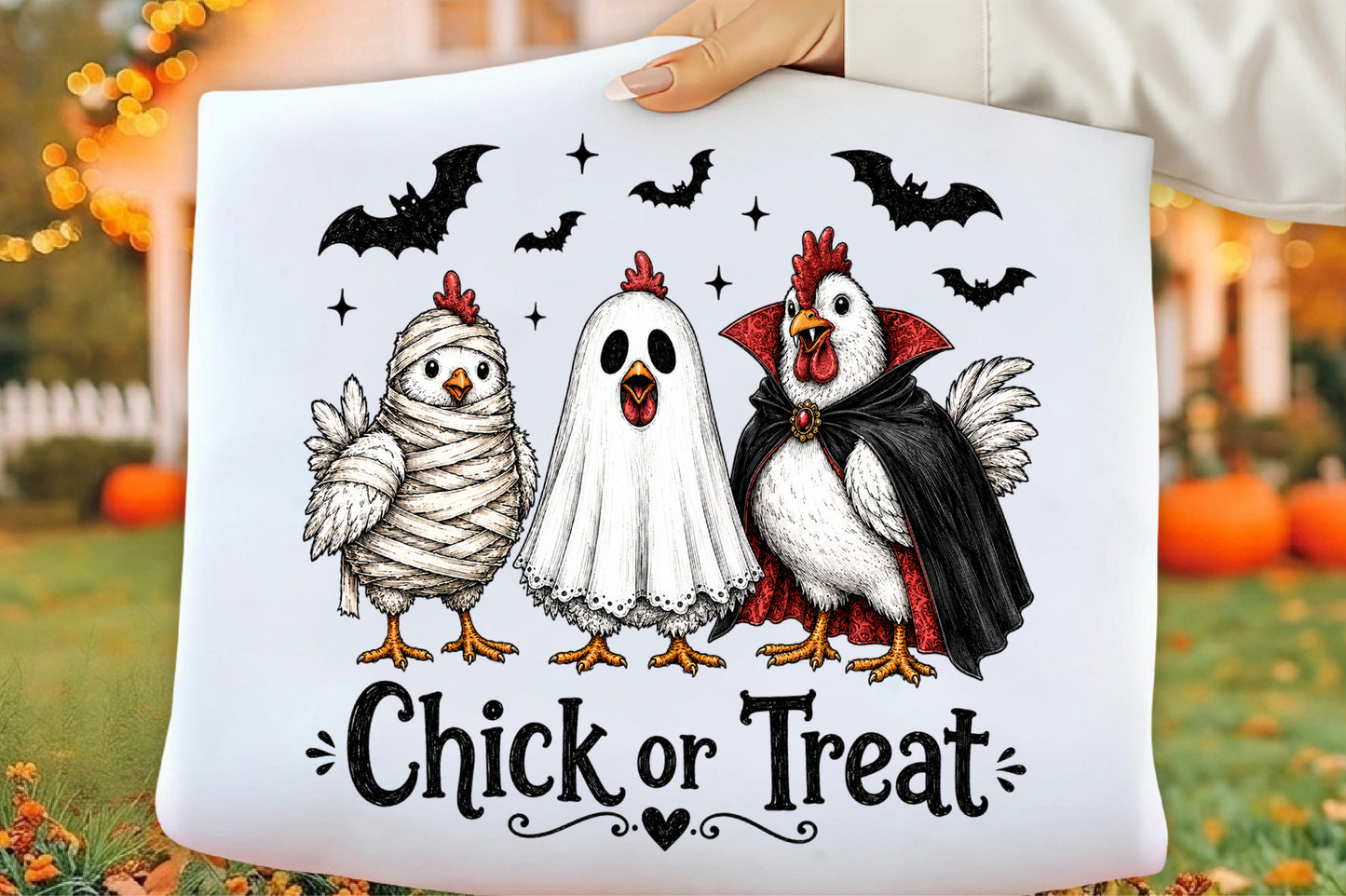 Halloween Chick or Treat PNG | Spooky Chicken Mummy Ghost Vampire Costume Bat Clipart | Funny Halloween Sublimation Design