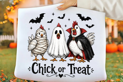 Halloween Chick or Treat PNG | Spooky Chicken Mummy Ghost Vampire Costume Bat Clipart | Funny Halloween Sublimation Design