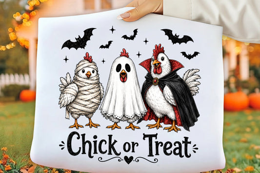 Halloween Chick or Treat PNG | Spooky Chicken Mummy Ghost Vampire Costume Bat Clipart | Funny Halloween Sublimation Design