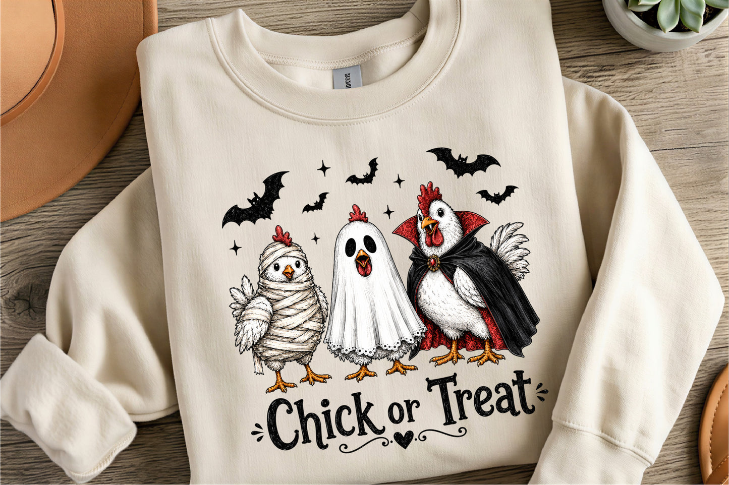 Halloween Chick or Treat PNG | Spooky Chicken Mummy Ghost Vampire Costume Bat Clipart | Funny Halloween Sublimation Design