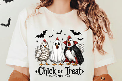 Halloween Chick or Treat PNG | Spooky Chicken Mummy Ghost Vampire Costume Bat Clipart | Funny Halloween Sublimation Design