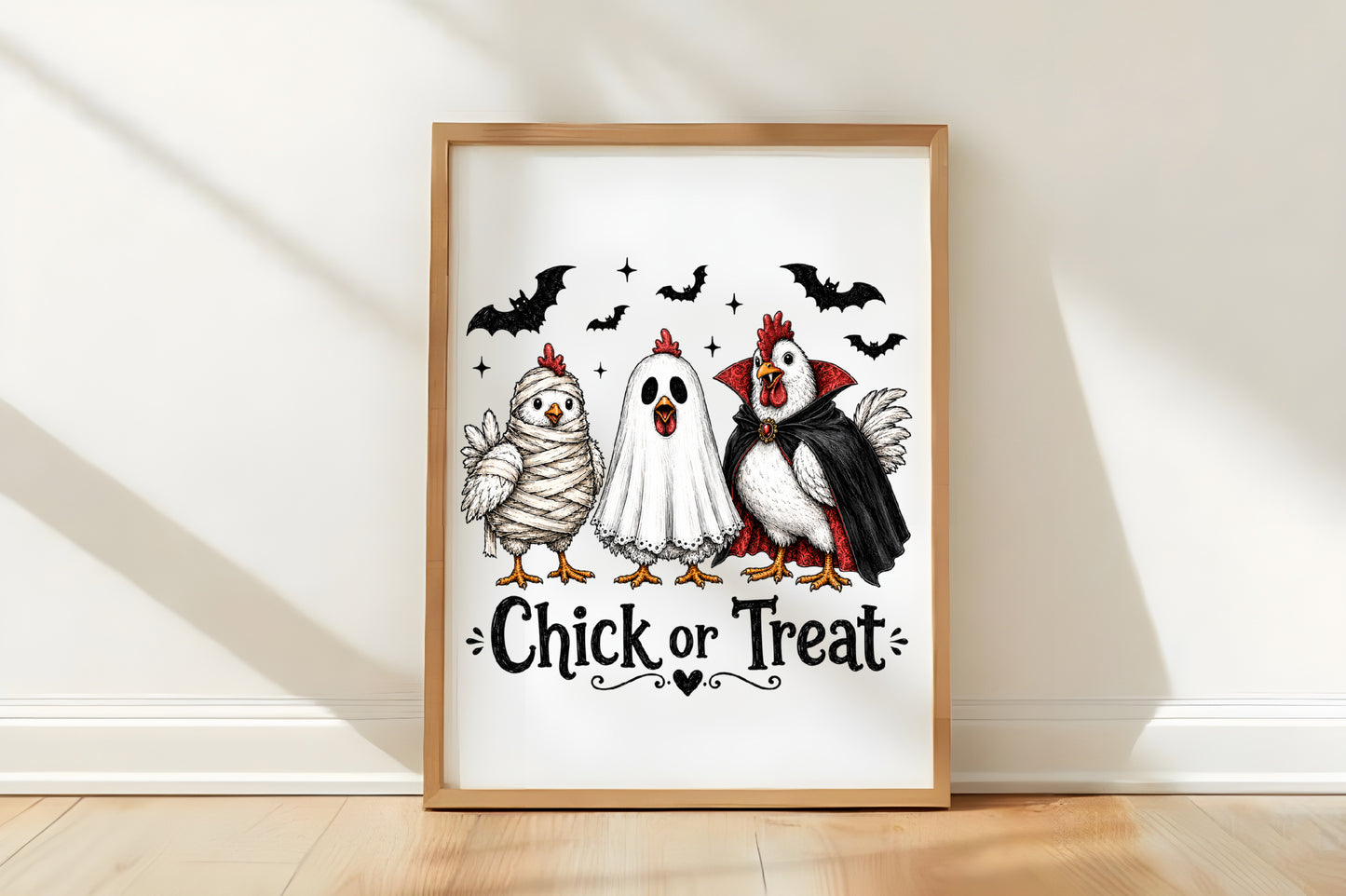 Halloween Chick or Treat PNG | Spooky Chicken Mummy Ghost Vampire Costume Bat Clipart | Funny Halloween Sublimation Design