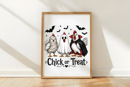 Halloween Chick or Treat PNG | Spooky Chicken Mummy Ghost Vampire Costume Bat Clipart | Funny Halloween Sublimation Design