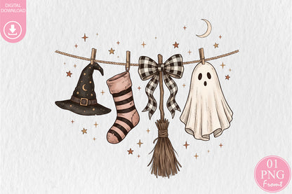 Halloween Clothesline PNG Witch Hat Ghost Bow Sock Broom Sublimation Design