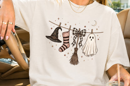 Halloween Clothesline PNG Witch Hat Ghost Bow Sock Broom Sublimation Design