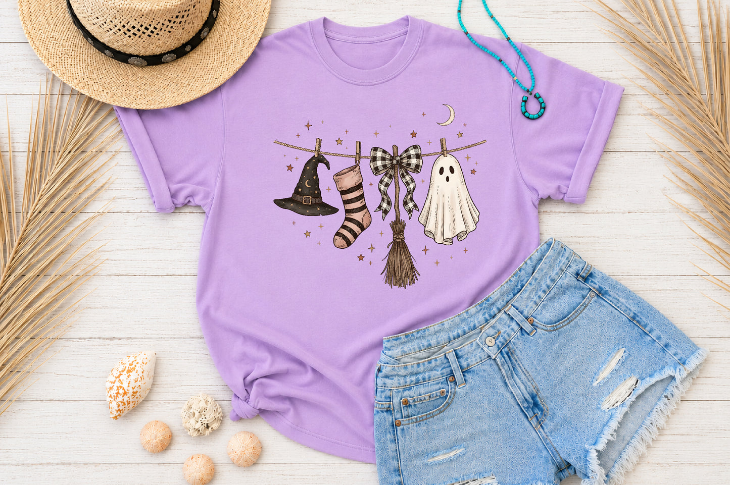 Halloween Clothesline PNG Witch Hat Ghost Bow Sock Broom Sublimation Design