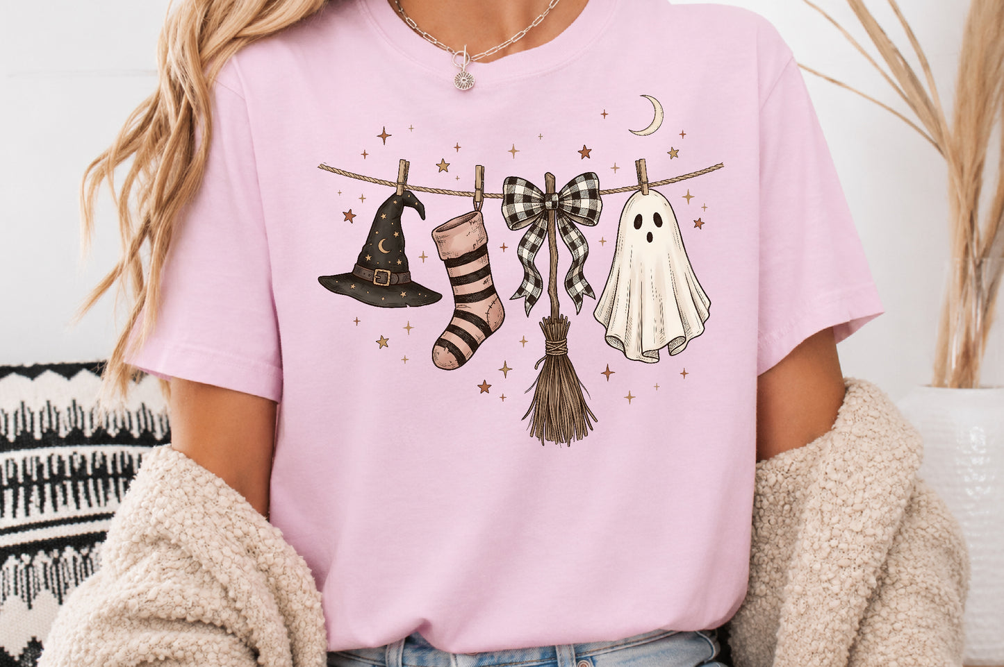 Halloween Clothesline PNG Witch Hat Ghost Bow Sock Broom Sublimation Design