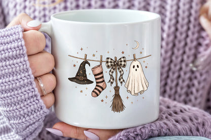 Halloween Clothesline PNG Witch Hat Ghost Bow Sock Broom Sublimation Design