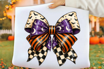 Halloween Coquette Bow PNG | Spooky Purple Orange Black Bow Sublimation | Cute Witchy Halloween Ribbon Shirt Design