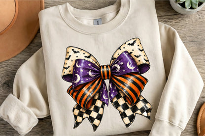 Halloween Coquette Bow PNG | Spooky Purple Orange Black Bow Sublimation | Cute Witchy Halloween Ribbon Shirt Design