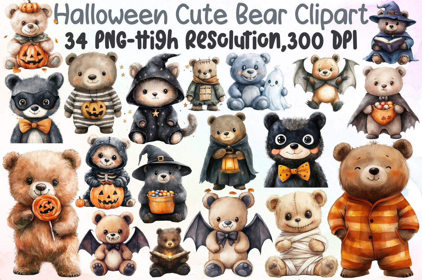 Halloween Cute Bear Clipart PNG Spooky Bear Bundle