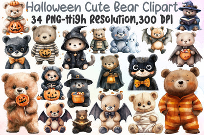 Halloween Cute Bear Clipart PNG Spooky Bear Bundle