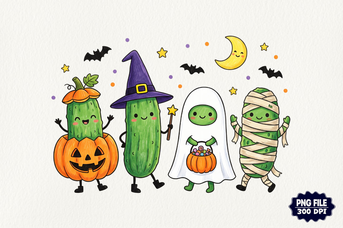 Cute Halloween Pickle PNG Kawaii Pickle Characters Pumpkin Ghost Mummy Witch