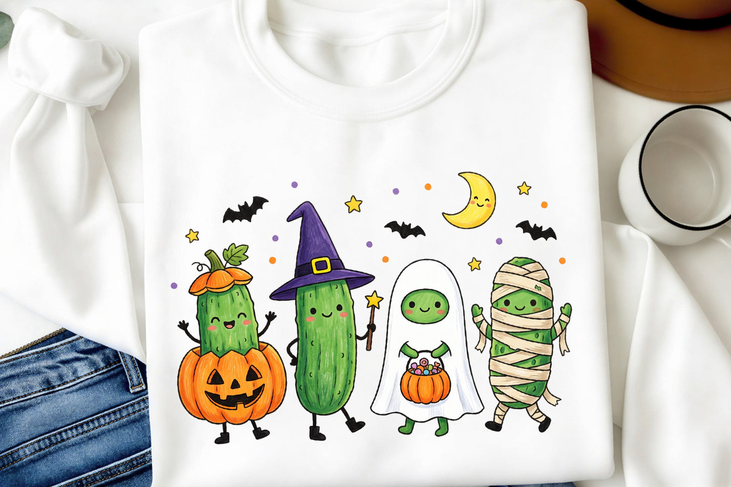 Cute Halloween Pickle PNG Kawaii Pickle Characters Pumpkin Ghost Mummy Witch