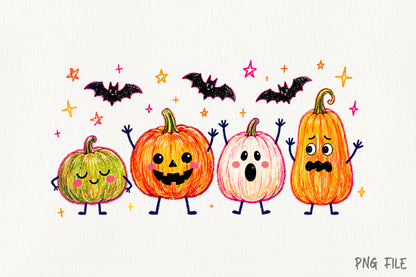 Cute Halloween Pumpkin Doodle PNG | Funny Pumpkin Bat Clipart | Kawaii Spooky Fall Halloween Sublimation Design