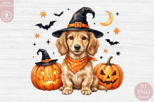 Halloween Dog Witch Hat PNG Cute Puppy Pumpkin Sublimation Clipart