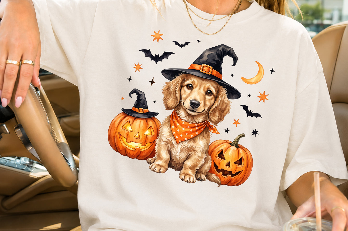 Halloween Dog Witch Hat PNG Cute Puppy Pumpkin Sublimation Clipart